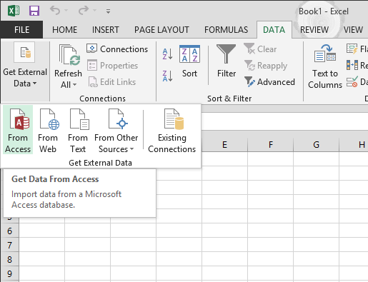 where is get external data from option in excel 2016 for mac